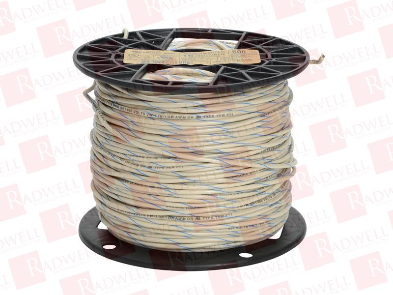 CABLE SPOOL, (PRICE/ SP OF 500FT) TYPE MTW WIRE, 16 AWG, 26-STRANDED, BARE COPPER, WHITE WITH BLUE STRIPE INSULATION, 600V, 500FT SPOOL. ALTERNATE PART ID: 587000600340.