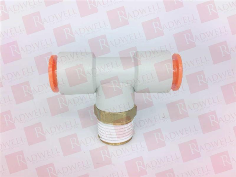 ONE-TOUCH FITTING, SERIES KQ2, WHITE BODY, LIGHT GRAY RELEASE, MALE BRANCH TEE, 3/8 INCH TUBE OD, 3/8 NPT PORT SIZE, WITH THREAD SEALANT