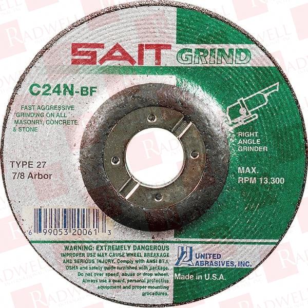 24 GRIT, 4-1/2" DIAM X 1/4" THICK X 7/8" ARBOR, TYPE 27 DEPRESSED CENTER WHEEL VERY COARSE GRADE, SILICON CARBIDE, RESINOID BOND, MEDIUM HARDNESS, 13,300 MAX RPM, COMPATIBLE WITH ANGLE GRIND ...