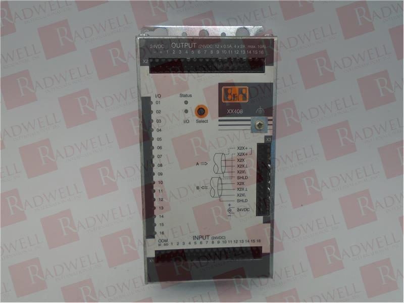 7XX408501
 
REMOTE I/O MODULE
24 V DC
X2X LINK
ELECTRICALLY ISOLATED
16 DIGITAL INPUTS
12 DIGITAL OUTPUTS 0.5 A
4 DIGITAL OUTPUTS 2 A
FACTORY WARRANTY MAY NOT APPLY.    