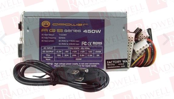  , POWER SUPPLY, 450 WATT, 20+4-PIN, DUAL-FAN, 115V / 230V SWITCHABLE POWER SUPPLY, 50/60 HZ, THREE (3) SATA POWER CONNECTOR, ONE (1) SMALL FLOPPY POWER CONNECTOR